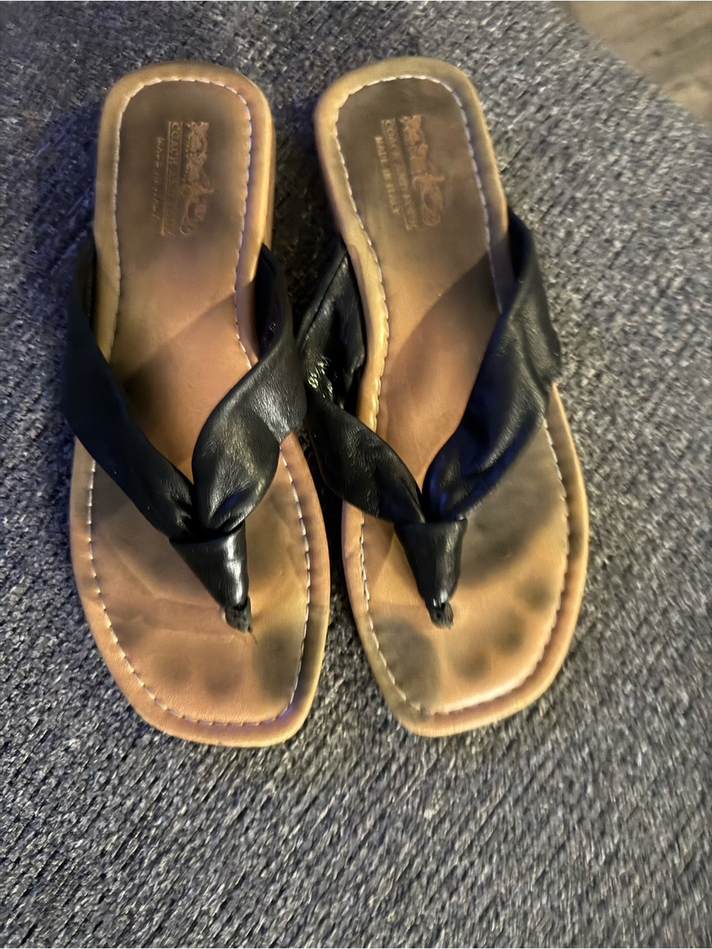 Coach Black Leather Thong Sandals with Tan Footbed